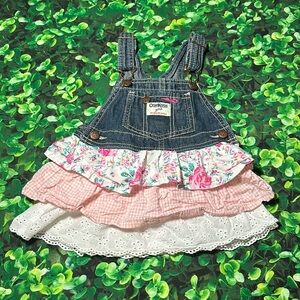 Oshkosh Overall Jumper Dress Denim Pink Floral Gingham lace Tiered Size 18 month
